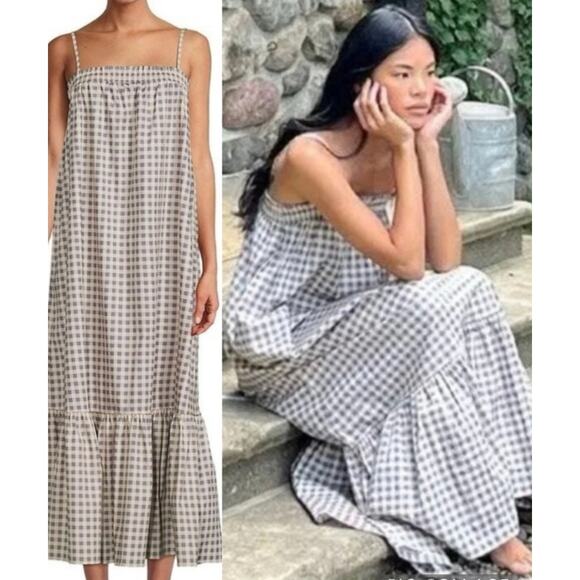 NWT WeWoreWhat Cottage Prairie Country Smocked Gingham Midi Dress XL Blue White - Picture 1 of 11